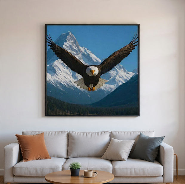 BALD EAGLE FLYING HIGH IN MOUNTAINS